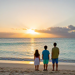 Caribbean Holidays, Bahamas Family Holidays, Family watching a golden sunset over a calm turquoise sea from a sandy beach in The Bahamas