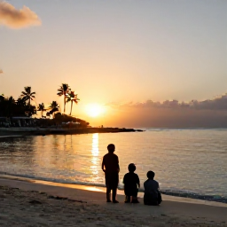 Caribbean Holidays, Bahamas Family Holidays, Family watching the sunset from a quiet Bahamian beach, with palm silhouettes and calm evening water