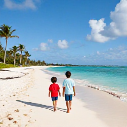 Caribbean Holidays, Bahamas Family Holidays, Happy family walking along a bright white sandy beach in Nassau, Bahamas, with calm turquoise sea and palm trees