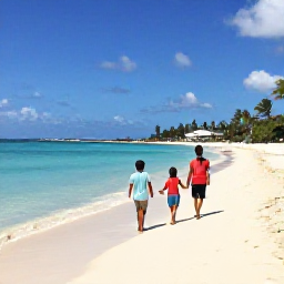 Caribbean Holidays, Bahamas Family Holidays, Happy family walking along a bright white sandy beach in Nassau, Bahamas, with calm turquoise water and palm trees
