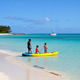 Caribbean Holidays, Bahamas Family Holidays, Parents and children paddling in clear turquoise water beside a sandy beach in The Bahamas