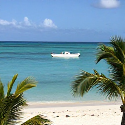 Caribbean Holidays, Bahamas February Breaks, Clear turquoise water and white sandy beach near Nassau, Bahamas, with a small boat offshore and palm trees in the foreground