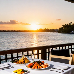 Caribbean Holidays, Bahamas February Breaks, Outdoor table at a waterfront restaurant in Nassau, Bahamas, serving fresh seafood at sunset