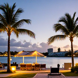 Caribbean Holidays, Bahamas February Breaks, Relaxed evening view across Nassau harbour, Bahamas, with warm lights, palm trees and calm water