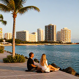 Caribbean Holidays, Bahamas February, Couple enjoying a relaxed February city break in Nassau, Bahamas, with palm-lined waterfront, blue sea and golden evening light