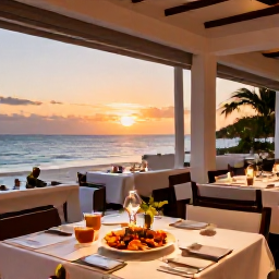 Caribbean Holidays, Bahamas February, Elegant beachfront restaurant at sunset with fresh seafood, soft lighting and relaxed Caribbean holiday dining