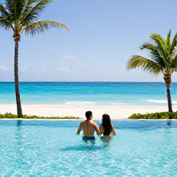 Caribbean Holidays, Bahamas February Escapes, Couple enjoying a peaceful adults-only Bahamas resort pool overlooking turquoise sea in bright February sunshine