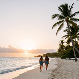 Caribbean Holidays, Bahamas February Escapes, Couple walking along a peaceful white-sand beach in The Bahamas at sunset, palm trees and calm sea