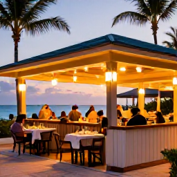 Caribbean Holidays, Bahamas February Escapes, Outdoor beachfront restaurant in The Bahamas serving fresh seafood to adults at sunset, warm lights and palm trees