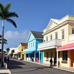 Caribbean Holidays, Bahamas February, Historic Nassau street with pastel buildings, palm trees, local shops and visitors enjoying a sunny February day