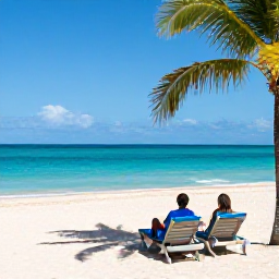 Caribbean Holidays, Bahamas February Holidays, Adults relaxing beside a turquoise Bahamian sea at an adults-only resort in February, with palm trees and bright sunshine