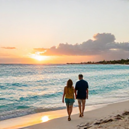 Caribbean Holidays, Bahamas February Holidays, Couple enjoying a cultural Bahamas holiday in February, walking beside a turquoise lagoon at sunset near Nassau