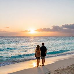 Caribbean Holidays, Bahamas February Holidays, Couple enjoying a peaceful sunset beside a turquoise beach in The Bahamas