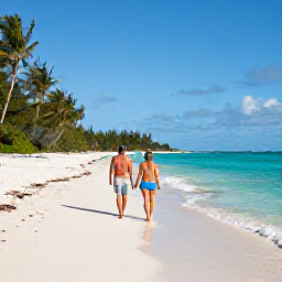 Caribbean Holidays, Bahamas February Holidays, Couple walking along a quiet white-sand beach in The Bahamas during a sunny February afternoon