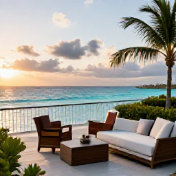 Caribbean Holidays, Bahamas February Holidays, Elegant adults-only resort terrace overlooking the ocean at sunset in The Bahamas