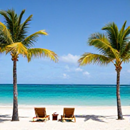 Caribbean Holidays, Bahamas February Holidays, Luxury resort beach in The Bahamas with turquoise water, white sand, sun loungers and palm trees