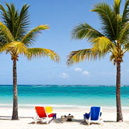 Caribbean Holidays, Bahamas February Holidays, Relaxed February afternoon on a clear Bahamian beach with turquoise water, white sand, palm trees and a couple of sun loungers