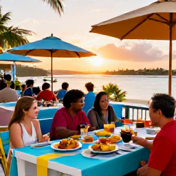 Caribbean Holidays, Bahamas February Holidays, Visitors enjoying a relaxed outdoor restaurant and colourful Bahamian food in Nassau at sunset
