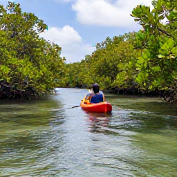 Caribbean Holidays, Bahamas February, Kayak moving through a calm Bahamian mangrove creek in February, with green foliage, clear water and a peaceful natural setting