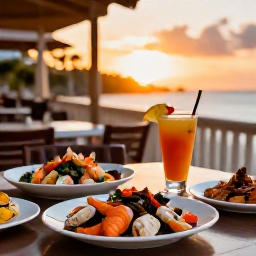 Caribbean Holidays, Bahamas February, Outdoor table at a Nassau restaurant serving fresh Bahamian seafood, conch salad and tropical drinks at sunset