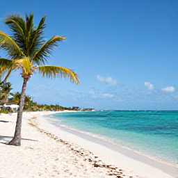 Caribbean Holidays, Bahamas February, Quiet turquoise beach in The Bahamas on a sunny February morning, with palm trees, soft white sand and clear shallow water