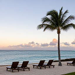 Caribbean Holidays, Bahamas February, Relaxed beachfront resort in The Bahamas with sun loungers, palm trees and calm blue sea at sunset