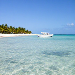 Caribbean Holidays, Bahamas February, Small boat crossing clear shallow water between tropical Bahamian islands, with palm-fringed beaches and bright blue sky