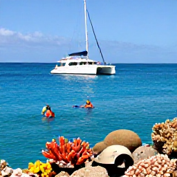 Caribbean Holidays, Bahamas February Tours, Catamaran cruising across clear blue Bahamian water with snorkellers viewing colourful coral and tropical fish