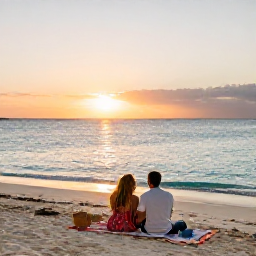 Caribbean Holidays, Bahamas February Tours, Relaxed couple enjoying a sunset beach picnic beside calm turquoise water in The Bahamas