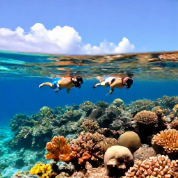 Caribbean Holidays, Bahamas February, Travellers snorkelling above a colourful coral reef in clear Bahamian water on a sunny February morning