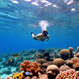 Caribbean Holidays, Bahamas February, Visitor snorkelling above a colourful coral reef in clear Bahamian water, with tropical fish and sunlight filtering from the surface