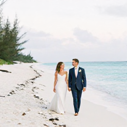 Caribbean Holidays, Bahamas February Weddings, Bride and groom walking hand in hand along a quiet white-sand beach in The Bahamas during a warm February afternoon