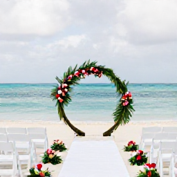 Caribbean Holidays, Bahamas February Weddings, Elegant beachfront wedding ceremony in Nassau, The Bahamas, with white chairs, tropical flowers and calm turquoise sea