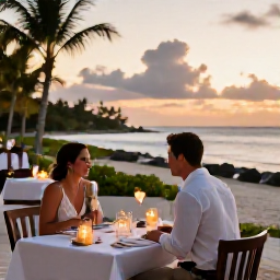 Caribbean Holidays, Bahamas February Weddings, Newly married couple enjoying a sunset dinner at a beachfront restaurant in The Bahamas, with candles and tropical scenery