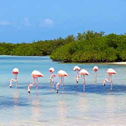 Caribbean Holidays, Bahamas February, Wild flamingos feeding in shallow water on a Bahamian island, surrounded by mangroves and bright blue sky