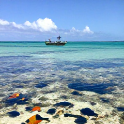 Caribbean Holidays, Bahamas Fishing, A colourful Bahamian reef with tropical fish, a small fishing boat and calm turquoise water under bright skies