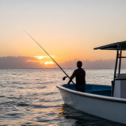 Caribbean Holidays, Bahamas Fishing, A relaxed seaside evening in the Bahamas with fishing rods, a small boat and an angler watching the sunset