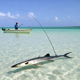 Caribbean Holidays, Bahamas Fishing, An angler casting towards a large bonefish on clear shallow water flats, with a guide in a skiff nearby