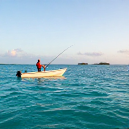 Caribbean Holidays, Bahamas Fishing, Angler casting from a small boat across clear turquoise Bahamian water at sunrise, low tropical islands on the horizon