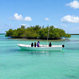 Caribbean Holidays, Bahamas Fishing April, A flats boat drifting across shallow turquoise water near a mangrove island in The Bahamas, bright April sunshine and a relaxed fishing holiday atmosphere