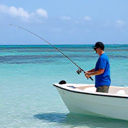 Caribbean Holidays, Bahamas Fishing April, A friendly local fishing guide helping a visitor prepare a fly rod beside a small boat in the clear waters of The Bahamas