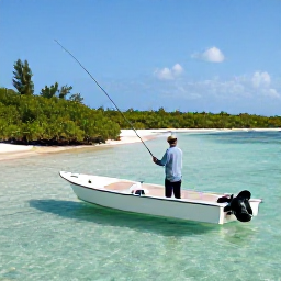 Caribbean Holidays, Bahamas Fishing April, An angler casting from a shallow flats fishing boat towards clear water and mangroves in The Bahamas during a sunny April morning