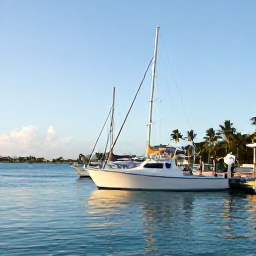 Caribbean Holidays, Bahamas Fishing August, A bright summer morning at a Bahamian marina, with fishing boats ready to leave, calm turquoise water and palm trees along the shore