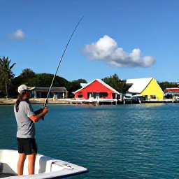 Caribbean Holidays, Bahamas Fishing August, A relaxed seaside scene in The Bahamas after a fishing trip, with an angler holding a catch beside a marina and colourful island buildings