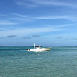 Caribbean Holidays, Bahamas Fishing February, A bright February morning on a calm turquoise sea near the Bahamas, with a small sport-fishing boat heading towards the flats