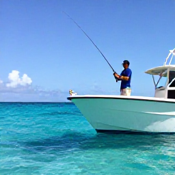 Caribbean Holidays, Bahamas Fishing February, A colourful reef-fishing scene in The Bahamas, with an angler lifting a fish beside a charter boat in clear blue water