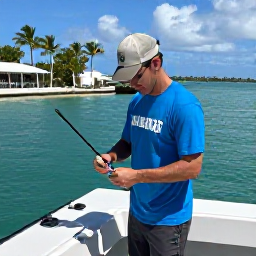 Caribbean Holidays, Bahamas Fishing February, A friendly Bahamas fishing guide preparing tackle on a boat at a sunny island marina, with palm trees and turquoise water