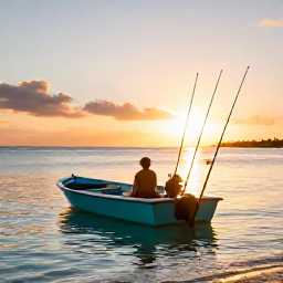 Caribbean Holidays, Bahamas Fishing February, A relaxed seaside evening in The Bahamas with fishing rods, a small boat and golden light over calm turquoise water