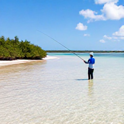 Caribbean Holidays, Bahamas Fishing February, An angler fly-fishing across clear shallow flats in The Bahamas, with mangroves and pale sand visible beneath the water