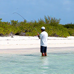 Caribbean Holidays, Bahamas Fishing February, Fly fisherman wading on a shallow white-sand flat beside mangroves in the Bahamas, with a guide nearby